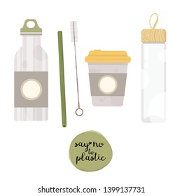 Zero waste lifestyle elements - vacuum flask, glass bottle, cutlery. Vector cute illustration. Reusable and recyclable eco items. Plastic free. Go green. 