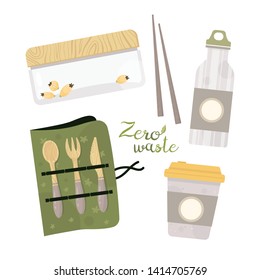 Zero waste lifestyle elements. Vector cute illustration. Reusable and recyclable eco items. Plastic free. Go green. 