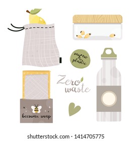 Zero waste lifestyle elements. Vector cute illustration. Reusable and recyclable eco items. Plastic free. Go green. 