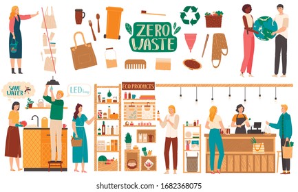 Zero waste lifestyle, environment friendly products, vector illustration. Reduce, reuse and recycle concept. People in eco shop, isolated items from natural materials, zero waste store, no plastic