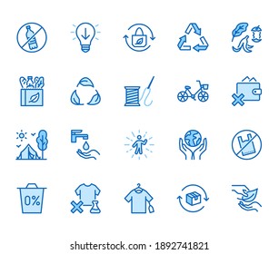 Zero waste lifestyle flat line icons set. Refuse, reduce, reuse, recycle, leaves circle, save water, planet, eco tourism vector illustration. Outline signs of ecology. Blue color, Editable Stroke.