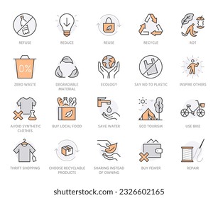 Zero waste lifestyle flat line icons set. Refuse, reduce, reuse, recycle, leaves circle, save water, planet, eco tourism vector illustration. Outline signs of ecology. Orange Color. Editable Stroke