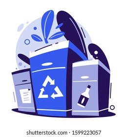Zero waste lifestyle flat vector illustration. No plastic, garbage sorting campaign symbols stickers. Eco bag, cup and bottle. Nature protection banner design layout