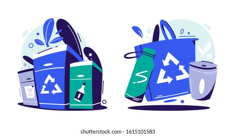 Zero waste lifestyle flat vector illustration. No plastic, garbage sorting campaign symbols stickers. Eco bag, cup and bottle. Nature protection banner design layout