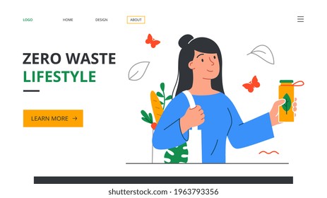 Zero waste lifestyle, Go green or Sustainable Lifestyle concept with a young pretty girl holding a reusable plastic bottle. Flat cartoon vector illustration. Website webpage, landing page template