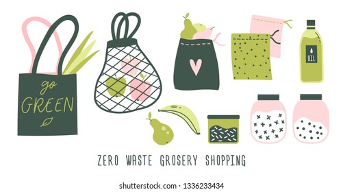 Zero waste lifestyle hand drawn elements in cute simple flat style. Vector illustration for eco life. No plastic. Refuse reduce recycle. Earth day. Save the planet