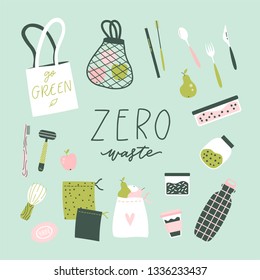 Zero waste lifestyle hand drawn elements in cute simple flat style. Vector illustration for eco life. No plastic. Refuse reduce recycle. Earth day. Save the planet