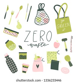 Zero waste lifestyle hand drawn elements in cute simple flat style. Vector illustration for eco life. No plastic. Refuse reduce recycle. Earth day. Save the planet