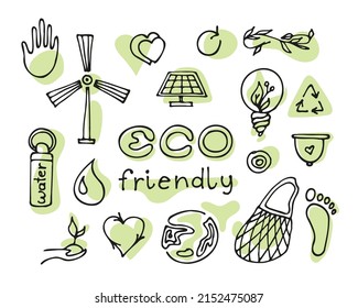 Zero waste lifestyle hand drawn set. vector doodle illustration. Collection of eco and natural elements. Go green concept. Isolated objects