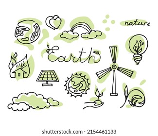 Zero waste lifestyle hand drawn set. vector doodle illustration. Collection of eco and natural elements. Go green concept. Isolated objects