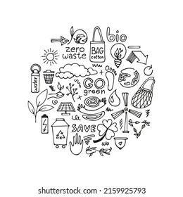Zero waste lifestyle hand drawn set. vector doodle illustration. ecology and natural background. 
