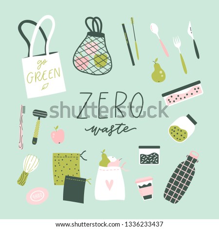 Zero waste lifestyle hand drawn elements in cute simple flat style. Vector illustration for eco life. No plastic. Refuse reduce recycle. Earth day. Save the planet