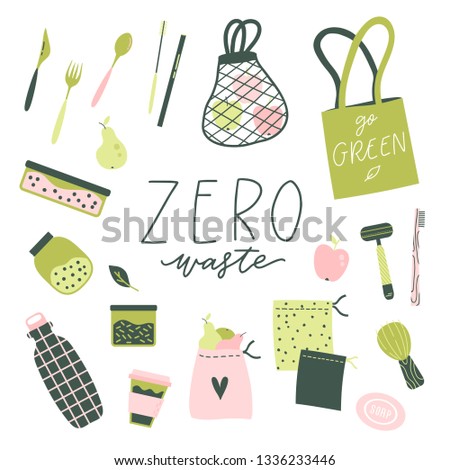Zero waste lifestyle hand drawn elements in cute simple flat style. Vector illustration for eco life. No plastic. Refuse reduce recycle. Earth day. Save the planet