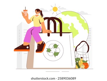 Zero Waste Lifestyle Illustration featuring Plastic Waste Being Sorted Into a Recycling Bin to Process Sustainability and Environmental Awareness
