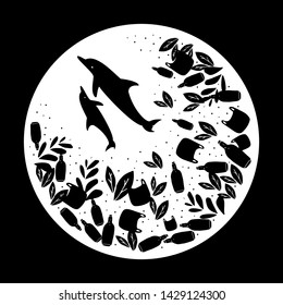 Zero waste lifestyle illustration. Ocean filled with plastic botlles and bags. Dolphins trying to escape. T shirt design 