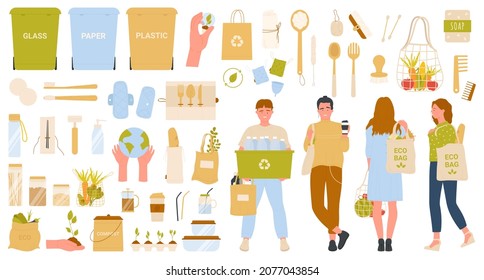 Ilustración vectorial de la infografía sobre el estilo de vida de los desechos cero. Personas caricaturizadas con bolsa o caja de clasificación ecológica, contenedores recicladores de basura para plástico y papel de vidrio, artículos de higiene de bambú aislados en blanco