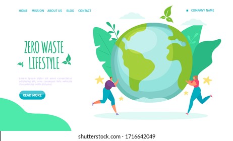 Estilo de vida de basura cero, ilustración del vector de aterrizaje. Ayude al estilo de vida ambiental, reduzca el plástico y cuide de la página web del planeta. Personaje femenino sostiene a la Tierra en grandes caricaturas de hojas verdes.