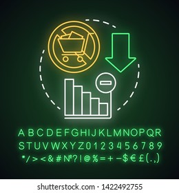 Zero waste lifestyle, waste management, reduce consumerism neon light concept icon. Lower sales and shopping budgets idea. Glowing sign with alphabet, numbers and symbols. Vector isolated illustration