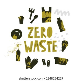 Zero waste lifestyle poster. Plastic elements on white background. Eco style. No plastic. Vector illustration