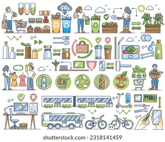 Zero waste lifestyle with resource material recycling outline collection set. Green living items with ecological product reusage and repair to save plastic, glass, food and paper vector illustration.