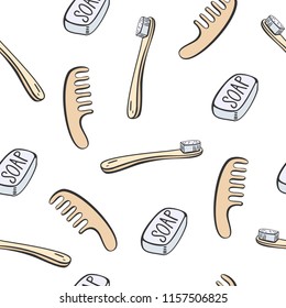 Zero waste lifestyle seamless pattern with wood personal care products