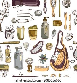 Zero waste lifestyle seamless pattern. Eco friendly hand drawing set of objects for life without plastic, drawn in sketch doodle style on white background. Go green concept. Vector illustration