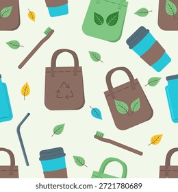 Zero Waste Lifestyle nahtloses Muster mit wiederverwendbaren Tassen, Flaschen und Bambusartikeln. Flacher Vektorhintergrund für nachhaltige Wohnprodukte, Öko-Shop-Branding und plastikfreie Kampagnen.