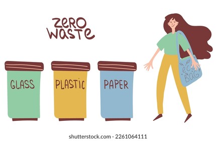Zero waste lifestyle. Waste sorting motivational vector illustration with  woman sorting the waste. Good for infographic poster or motivational card.