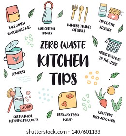 Zero Waste lifestyle. Tips for kitchen. Set of hand drawn icons and advice