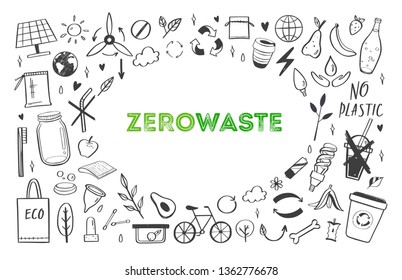 Zero waste lifestyle vector hand drawn bsckground, frame. Collection of ecogical and natural elements. Go green concept. Isolated objects