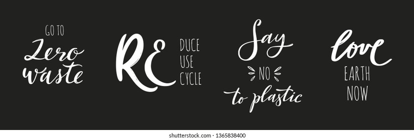 Zero waste lifestyle vector hand drawn calligraphy and lettering . Motivational quotes for eco friendly and green living. No plastic , reuse, recycle, reuse words