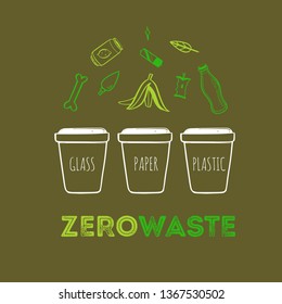 Zero waste lifestyle vector hand drawn concept . No plastic , reuse, recycle, reuse and separate garbage