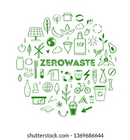 Zero waste lifestyle vector hand drawn set. Collection of ecogical and natural elements. Go green concept. Isolated objects