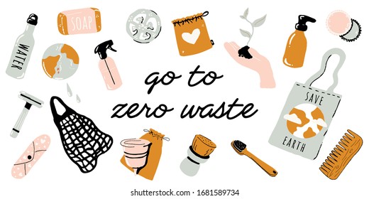 Zero Waste Lifestyle Vektorillustration handgezeichnet Elemente Set. Kein Kunststoff. Eco-Tasche, Holzbesteck, Kamm, Zahnbürste, Loofah, Seife, Shampoo, Menstruationstasse und Pad. Naturschutzbanner, Aufkleber, Plakat. 