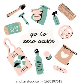 Zero waste lifestyle vector hand drawn elements set. No plastic. Eco bag, comb, toothbrush, loofah, soap, menstrual cup, bottle. Nature protection banner, stickers, poster. Refuse reduce recycle.
