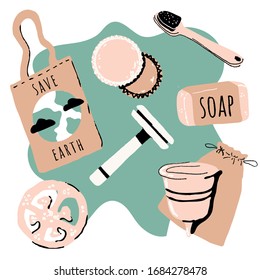 Zero Waste Lifestyle Vektorillustration handgezeichnet Elemente Set. Kein Kunststoff. Eco-Beutel, Gewebe Gesichtsrunden, Rasierapparat, Zahnbürste, Loofah, Seife, Menstruationstasse. Naturschutzbanner, Aufkleber, Plakat. Versagen, reduzieren 