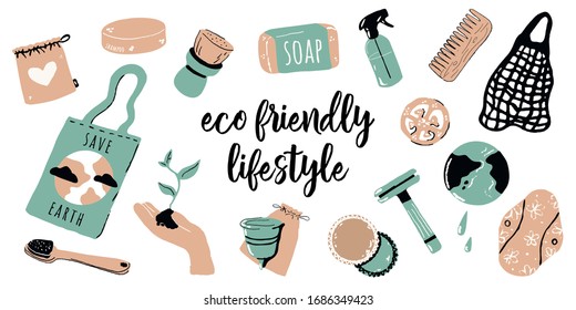 Zero waste lifestyle vector hand drawn elements set. No plastic. Eco bag, wooden cutlery, comb, toothbrush, loofah,soap, shampoo, menstrual cup and pad. Nature protection banner, stickers, poster. 