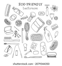 Zero waste lifestyle, vector hand drawn set in outline doodle style. Collection of eco and natural items for and personal hygiene for men and women.Go to the green concept. Isolated objects