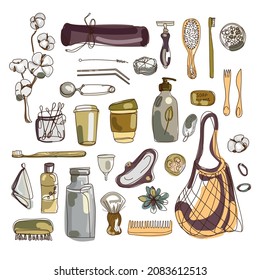 Zero waste lifestyle vector hand drawn set in sketch doodle style. Collection of eco friendly items. Go to the green concept. Isolated objects on white background