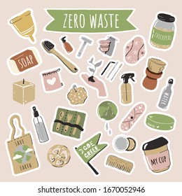 Ilustración vectorial de estilo de vida de desechos cero, Sin plástico. Bolsa ecológica, cubertería de madera, peine, cepillo de dientes, loofah, jabón, champú, taza y toalla menstrual, tazón termo. Pancarta protectora de la naturaleza, pegatinas, poste