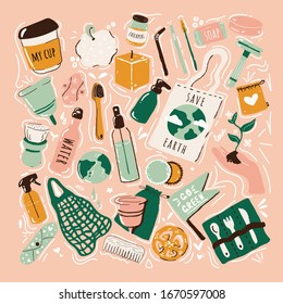 Zero waste lifestyle vector illustration set, No plastic. Eco bag, wooden cutlery, comb, toothbrush, loofah,soap, shampoo, menstrual cup and pad, thermo mug. Nature protection banner, stickers, poste