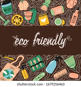 Zero waste lifestyle vector illustration set, No plastic. Eco bag, wooden cutlery, comb, toothbrush, loofah,soap, shampoo, menstrual cup and pad. Nature protection banner with place for text