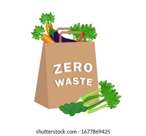 Estilo de vida de basura cero en ilustraciones vectoriales. Diseño ecológico: bolsa ecológica, zanahoria, pepino, berenjena, pimienta. Vegan de compras. No hay plástico, símbolos, pegatinas, iconos empacados.