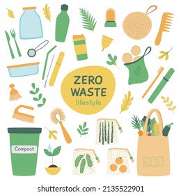 Se establecen ilustraciones vectoriales de estilo de vida de desechos cero. Limpieza de estilo ecológico. Conjunto de objetos que guardan ecología.
