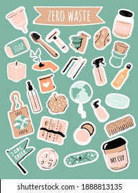 Zero waste lifestyle vector stickers set, No plastic. Eco bag, wooden cutlery, comb, toothbrush, loofah, soap, shampoo, menstrual cup, pad, thermo mug. Nature protection banner, poster