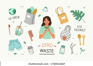 Zero Waste Lifestyle. Woman Use Eco Friendly, No Plastic, Reusable and Recycle Items. Girl Buy Eco Bag, Wooden Brush and Second Hand Clothes. Go Green Concept. Flat Line Cartoon Vector Illustration.