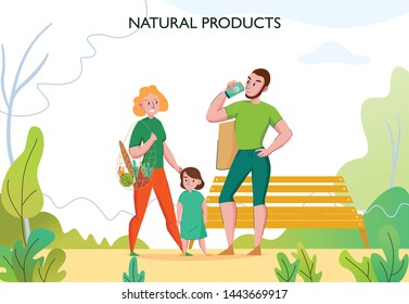 Zero waste lifestyle with young fit family outdoor using eco friendly sustainable natural products flat vector illustration 