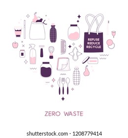 Zero waste lifesyle hand drawn elements in cute simple flat style. Vector illustration for eco life. No plastic. Refuse reduce recycle. Earth day. Save the planet