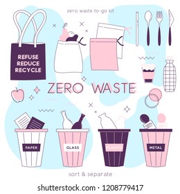 Zero waste lifesyle hand drawn elements in cute simple flat style. Vector illustration for eco life. No plastic. Refuse reduce recycle. Earth day. Save the planet