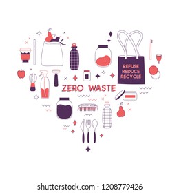 Zero waste lifesyle hand drawn elements in cute simple flat style. Vector illustration for eco life. No plastic. Refuse reduce recycle. Earth day. Save the planet